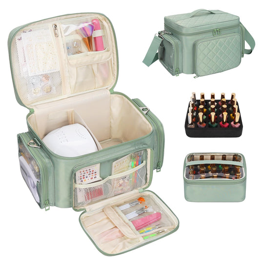 Bagmoly Nail Polish Organizer, Nail Polish Storage Holds 42+ Bottles & Nail Lamp, Portable Travel Nail Kit Storage Carrying Case Fits Nail Suppiles, Gift for Manicurist, Grils - Green