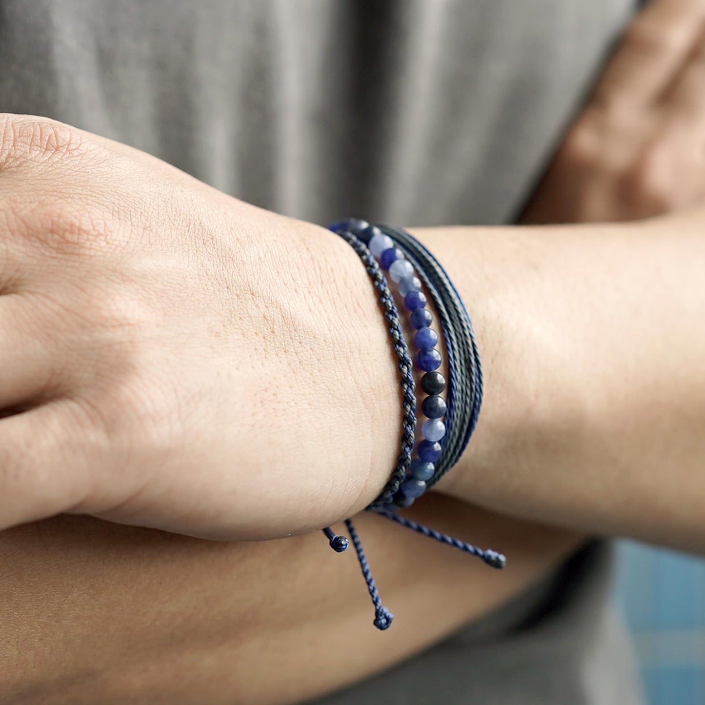 Handmade Natural Stone Beaded Healing Bracelet Gift for Men Adjustable Rope String Bracelet (Sodalite/Dark Blue, Adjustable)