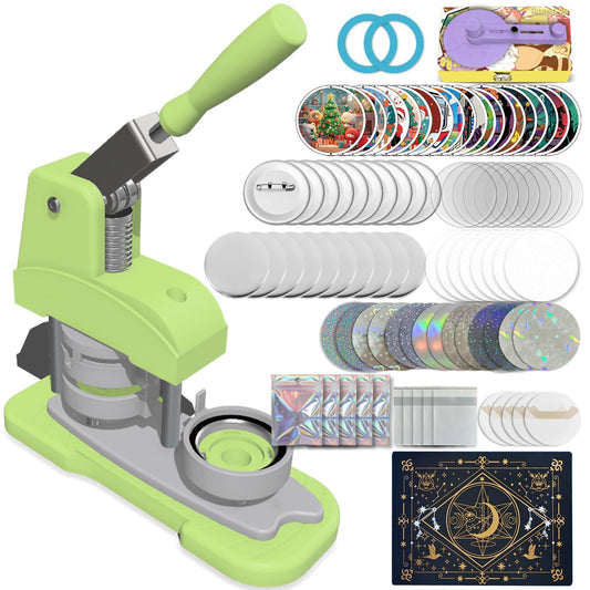 Green 58mm (2.25in) 5th Gen Button Maker Machine - Installation-Free DIY Pin Badge Press with Free Button Parts, Circle Cutter, Cutting Mat, Color Film & Pictures