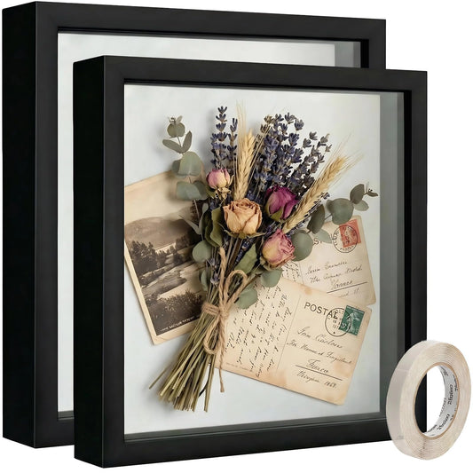 10x10 Shadow Box Frame Black, Deep Display Case for Memorabilia Coins & Photos with Crystal Clear Acrylic Front Wall Mount or Tabletop Includes Hanging Hardware & Double Sided Tape (2 Pack Black)