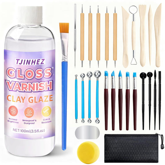 100ml Air Dry Clay Glaze and 29pcs Clay Tools Kit - Waterproof Scratch-Resistant Gloss Varnish Protects from Wear/Cracking, Pottery Tools for Stippling, Carving, Molding & Shaping Clay Crafts
