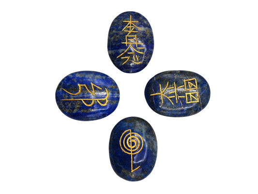 Amazing Gemstone Lapis Lazuli Crystal Reiki Stones with Engraved Symbols for Usui Reiki Healing, Set of 4 Pcs (Indian Handmade Reiki Gift Set)