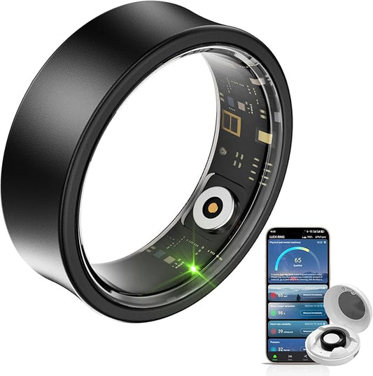 Smart Ring for Women Men, Health Fitness Tracker, 10ATM Waterproof Ring for iOS and Android, No Subscription Fee(Black, 7)