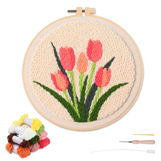 artcici Punch Needle Kit for Beginners with Floral Themed Tulips Leaves Pattern Tool and Yarn, Easy Embroidery Rug Hooking Set (Pink)