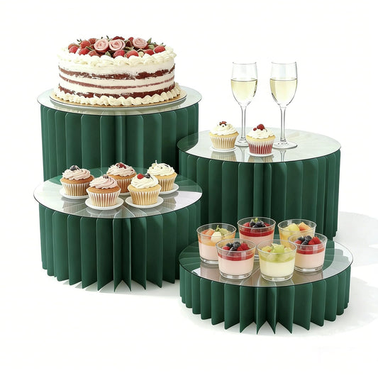 Wdpqyy 4 Pack Foldable Buffet Risers, Cardboard Cylinder Stands Food Display Risers with Acrylic Plates, Cake Cupcake Stands for Buffet Table, Dessert Table, Party Wedding Birthday Decor (Green)
