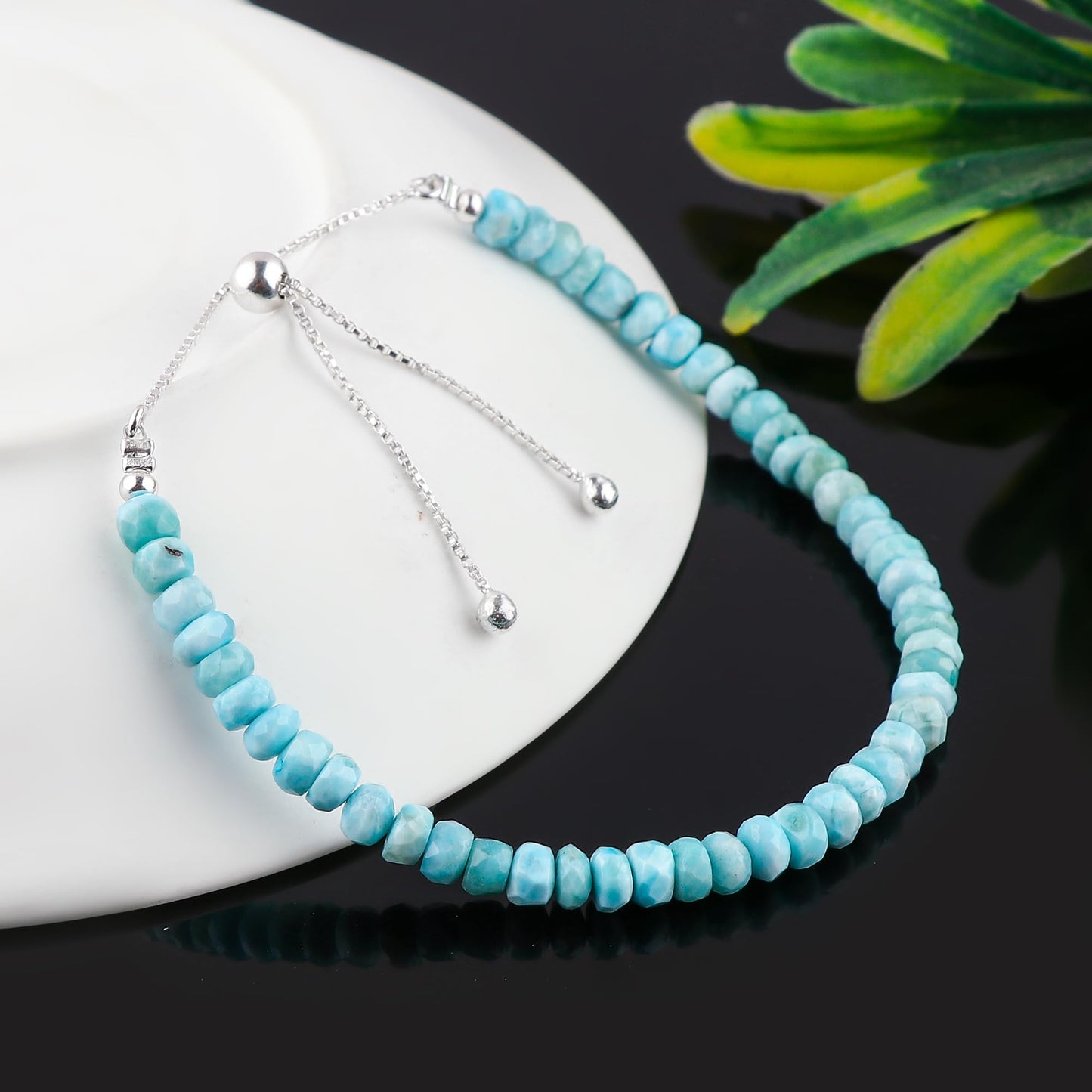 CRYSTALINES Natural Sky Blue Larimar Gemstone Bolo Bracelet, Faceted Beads Stones, Handmade Hypoallergenic Bohemian Jewelry for Women, Healing Crystals, Adjustable Silver Plated 6+4inch, Birthday Gift