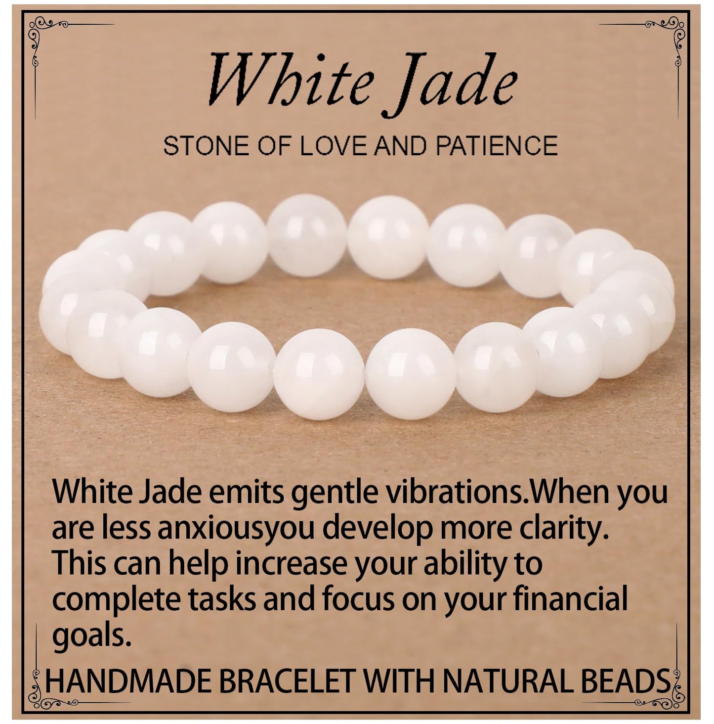 LPBeads Handmade Natural Gemstone Stretch Elastic Bracelet Healing Crystal Round Stone Beads Jewelry Gifts for Women Men (White Jade, 10mm)