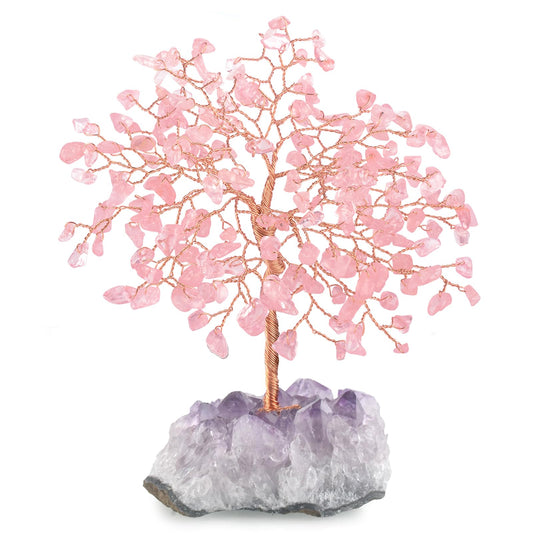 MASGEMES Natural Rose Quartz Gemstone Crystal Tree of Life, Amethyst Cluster Base,Feng Shui Decor Bonsai Money Tree,Healing Crystal Positive Energy Gift Size 5.5-6.3 Inches