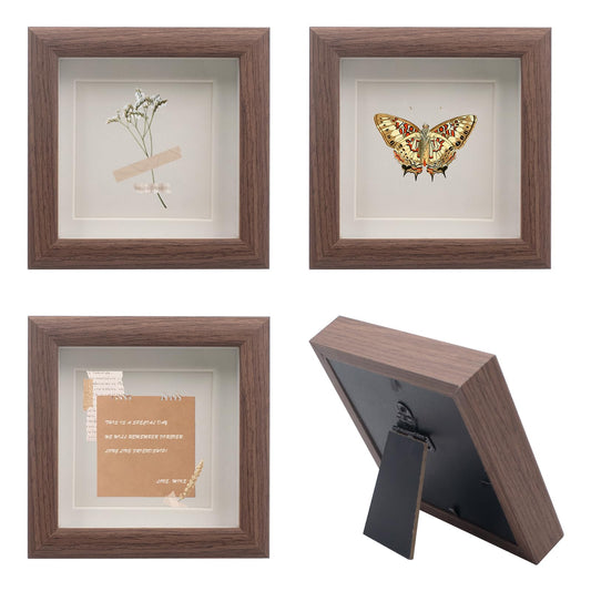 4 PCS Shadow Box Picture Frame, Vintage Small Wall Mounted & Tabletop Wood Square Frame with Real Glass for Mini Dried Flower Bouquet, Memorabilia, Medals, Badges, Shells, Photos (Walnut) (4 x 4 Inch)