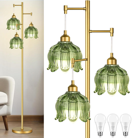 ZECOXOL Vintage Floor Lamps for Living Room Bedroom-3 Light Glass Floor Lamp with Three Led Bulb, Modern Mid Century Standing Lamp Brass Tall Lamp Gold Tree Floor Lamp for Bedroom Corner