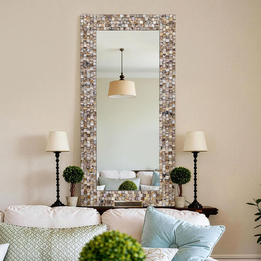 Chende Mosaic Mirror Coastal Style, 46.5'' x 22.8'' Large Narrow Wall Mirror with Mother of Pearl Frame, Modern Decorative Mirrors for Home Decor Bathroom, Entryway, Living Room