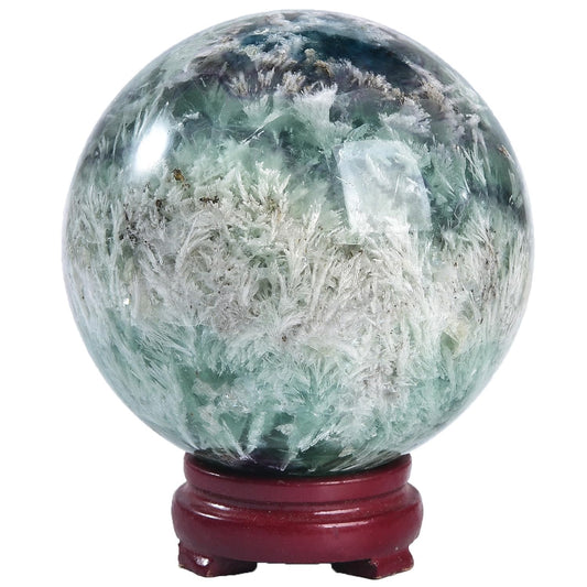 JIC Gem Large Crystal Ball Feather Fluorite Healing Crystals Sphere with Wooden Stand Meditation Home Decor 3.5-4 inch (90-100mm)