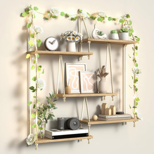Hanging Shelves for Wall with Vine Lights 5 Tier Boho Wall Shelf Macrame Floating Shelves Rope Rustic Wood Organizer Storage Hanger Rack Decor Aesthetic for Succulents Bedroom Kitchen Bathroom Home