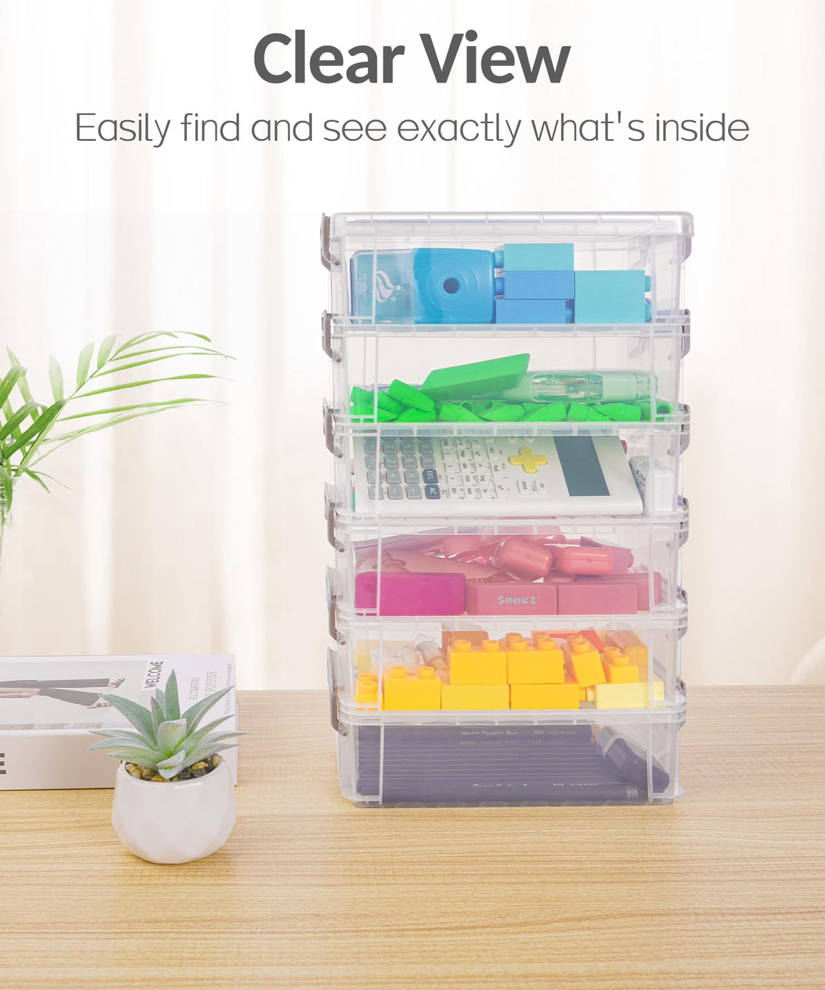 Sooez 6 Pack Small Plastic Containers with Lids, 6.4" x 4.4" x 2.7", Clear Crayon Box Pencil Pouch, Stackable Stroage Organizer for Beads Craft and Art Supplies, Storage Bins for Jewelry and Stickers