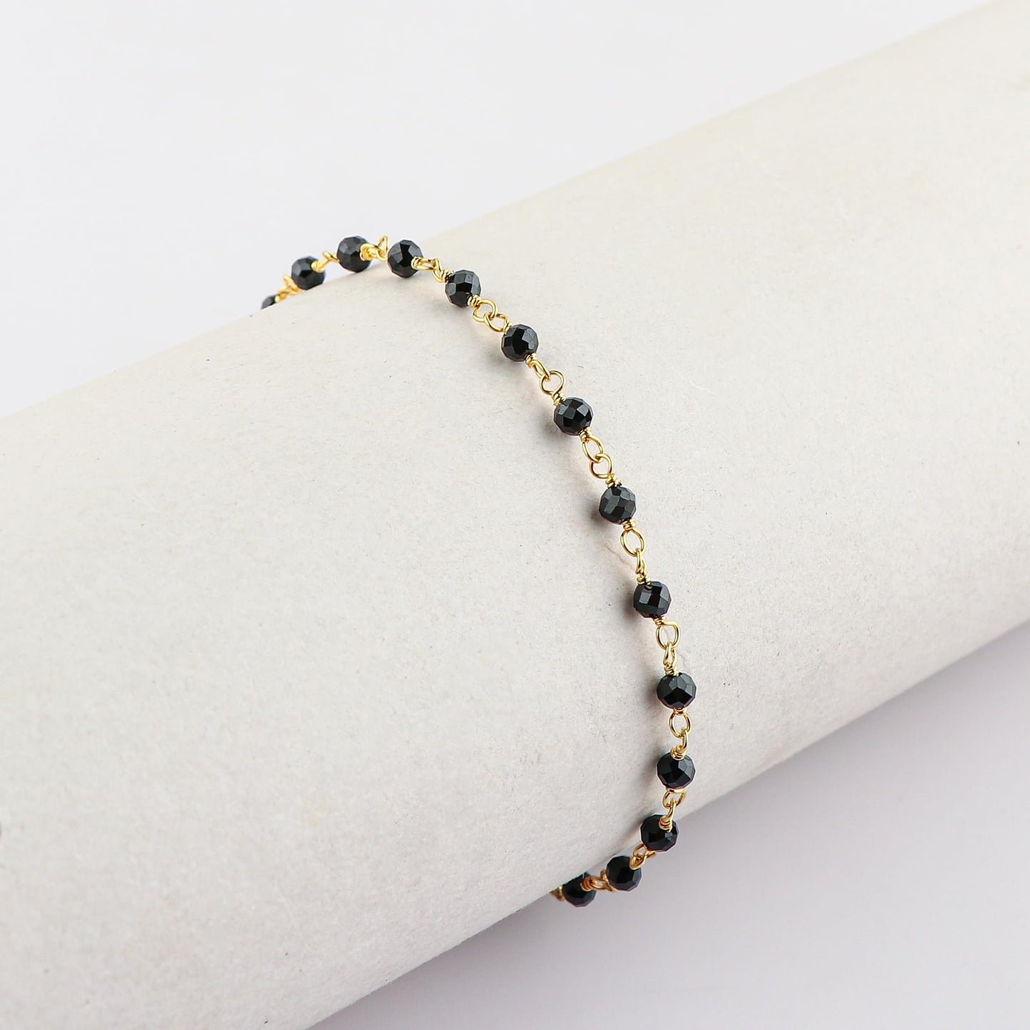 CRYSTALINES Natural Black Spinel Gemstones Bracelet Handmade Hypoallergenic Gold Plated Jewelry for Women Healing Crystals Microfaceted Beads Rosary Chain Boho August Birthday Bracelet, 7+1inch