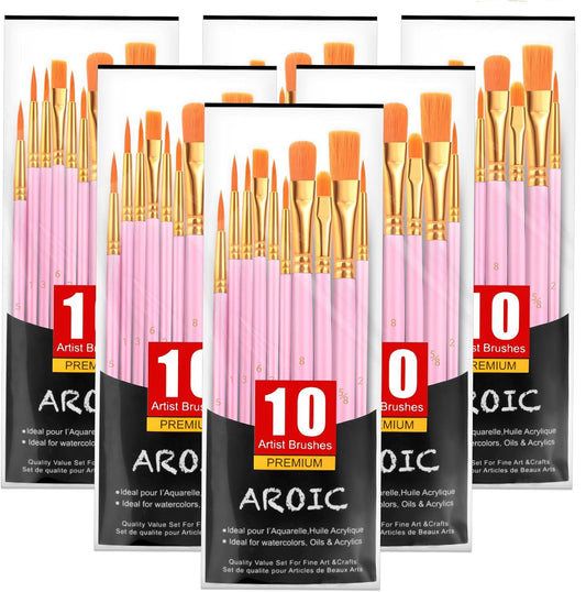 AROIC Acrylic Paint Brushes, 6 Packs/60 pcs Nylon Hair Paint Brush Set for All Purpose Oil Watercolor Painting Artist Professional Kits (Pink)
