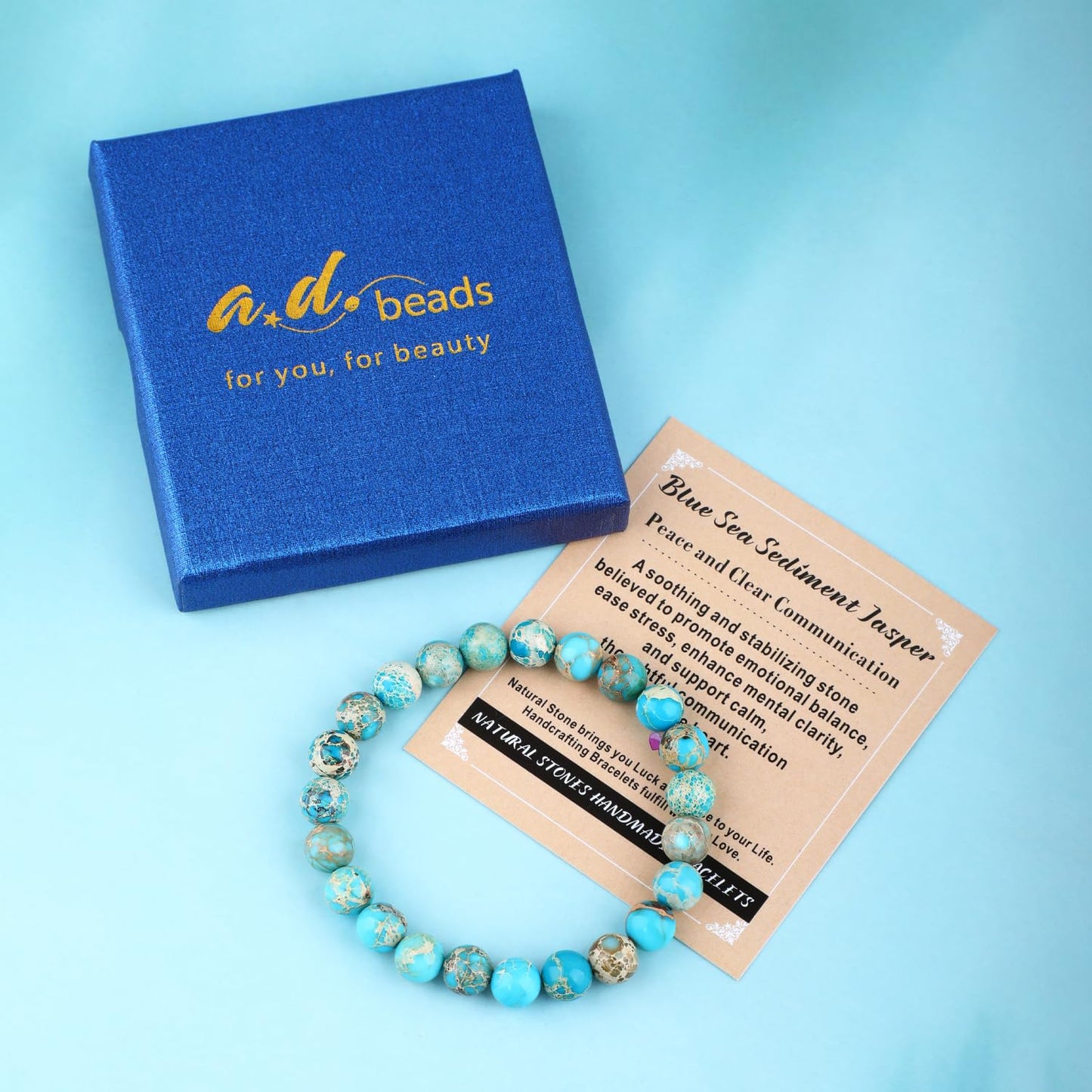 AD Beads 10mm Handmade Blue Sea Sediment Imperial Jasper Elastic Bracelet – Natural Gemstone for Joy & Positivity – Meditation, Yoga, Healing and Energy Gift for Men Women