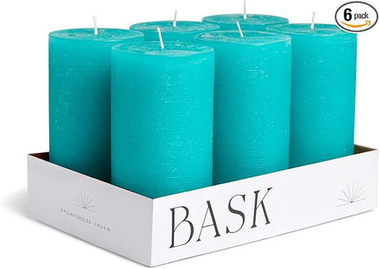 Mottled Pillar Candles by Bask - Set of 6-3" x 6" Dripless Unscented Candles in Turquoise for Home Decor, Relaxation & All Occasions