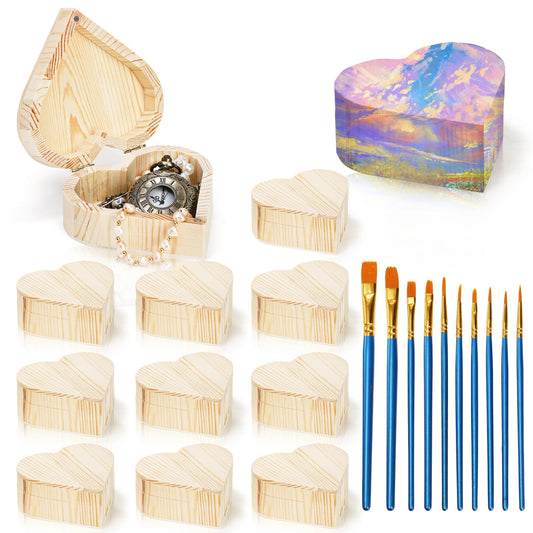 Acshio 12 Pack Unfinished Wood Heart Box, Unpainted DIY Treasure Chest with 10 Pcs Paint Brushes, Wooden Heart Shaped Storage Box Jewelry Box with Lid for Art Craft Painting Making Christmas