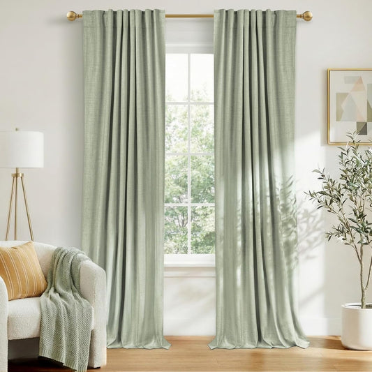 Skiennix 100% Blackout Linen Curtains - Thermal Insulated Drapes for Bedroom | 90" Long, Sage Green, 2 Panels Set