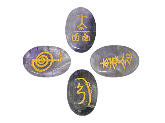 Amazing Gemstone Amethyst Crystal Reiki Stones with Engraved Symbols for Usui Reiki Healing, Set of 4 Pcs (Indian Handmade Reiki Gift Set)