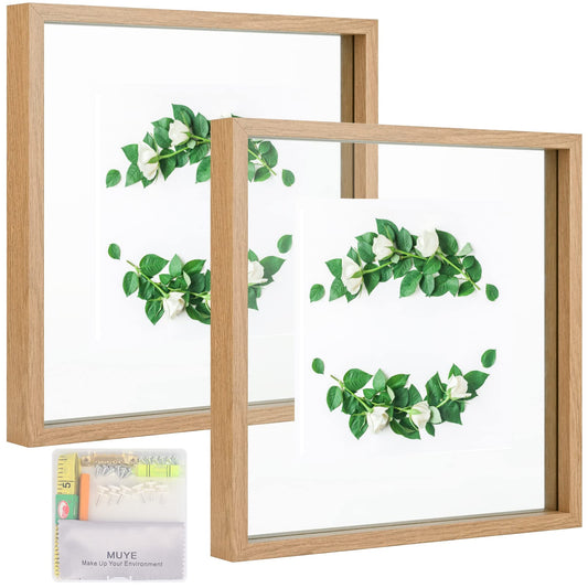 MUYE 10x10 Floating Frame Set of 2,Double Glass Square Photo Frame,Display Any Size Photo up to 10x10,Wall Mount or Tabletop Standing,Natural