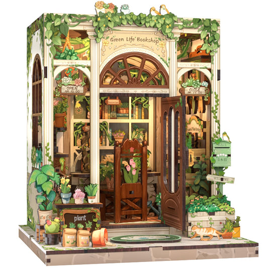 Cutefun Book Nook Kit - DIY Miniature Dollhouse Booknook Kit for Adults and Teens, 3D Wooden Puzzle Bookshelf Insert Decor with LED Light, Gifts for Book Lovers and Beginners (Green Life Bookshop)