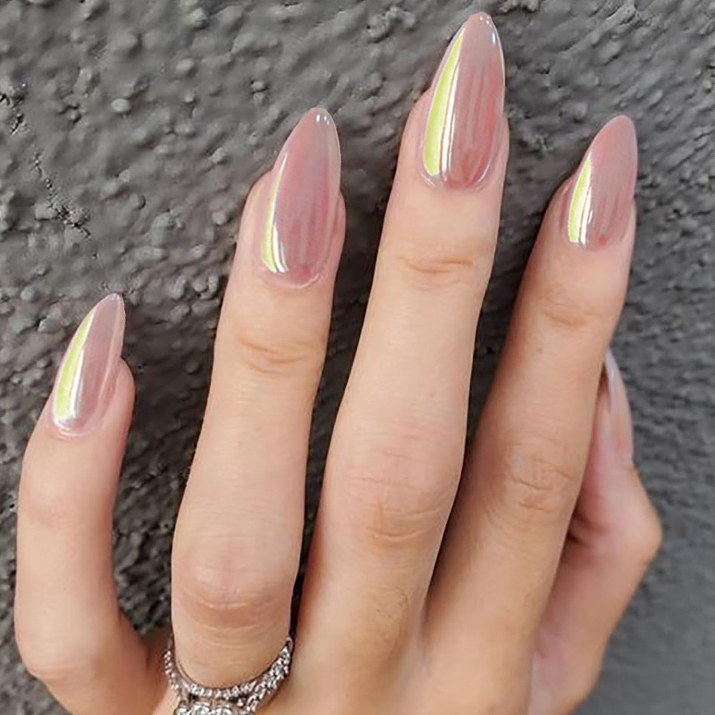Almond Press on Nails Medium Pink Fake Nails Glossy Chrome False Nails with Designs Solid Color Glue on Nails Full Cover Acrylic Stick on Nail for Women Girls Manicure 24 Pcs