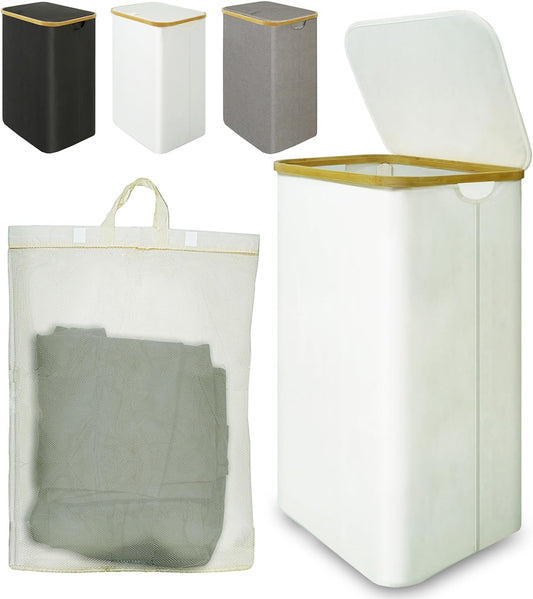 Bamboo Laundry Hamper - 88L Collapsible Basket with Lid & Handle | Waterproof Organizer for Bedroom & Bathroom (White)