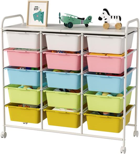 Ytaoka 15 Drawers Rolling Cart With Wheels, Plastic Storage Drawer With Metal Frame, Multipurpose Art Craft Organizer, Utility Cart for Home, Office, School, Multicolor