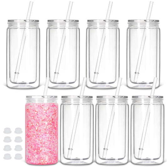 Tswofia 8 Pack Snow Globe Tumbler, 16 Oz Double Wall Plastic Can with Lid and Straw, Mason Jar Mug for Snow Globe Glitter DIY Gift (Clear)