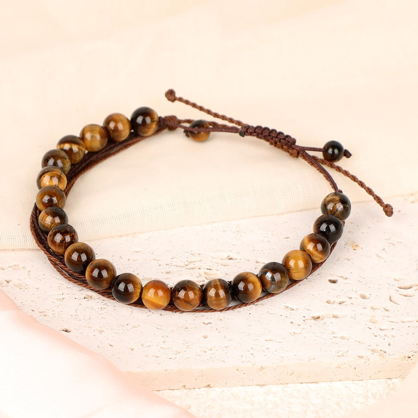 LPBeads 8mm Yellow Tiger's Eye Bracelet with Handmade Rope Bracelet Size Adjustable Natural Stone Crystal Healing Bracelets Gifts for Unisex Adults