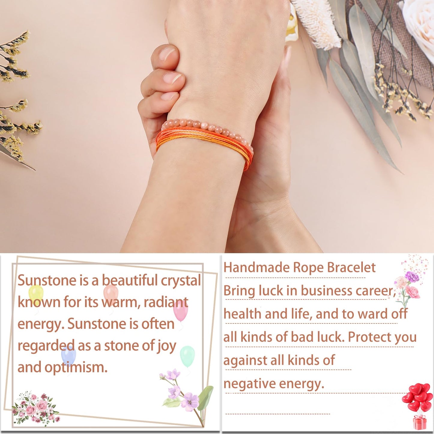 LPBeads 4mm SunStone Bracelet with Handmade Rope Bracelet Size Adjustable Natural Stone Crystal Healing Bracelets Gifts for Unisex Adults