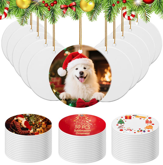 50 Pack Ceramic Sublimation Ornament Blank 3 inch Round Crafting DIY Personalized Printed Christmas Home Bulk White Porcelain Xmas Tree Crafts Decor