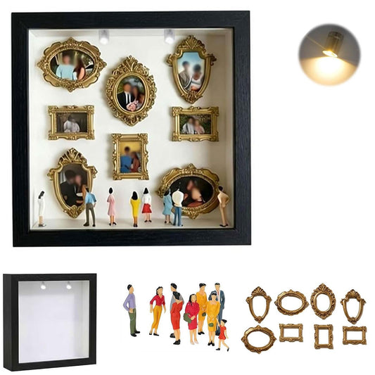 Mini Museum Silhouette Shadow Box Frame, DIY Memory Display Photo Craft Kit with LED String Lights, Mini Gold Frames & Figurines, Keepsake Box for Wedding Anniversary Family Milestone Gift (Black)