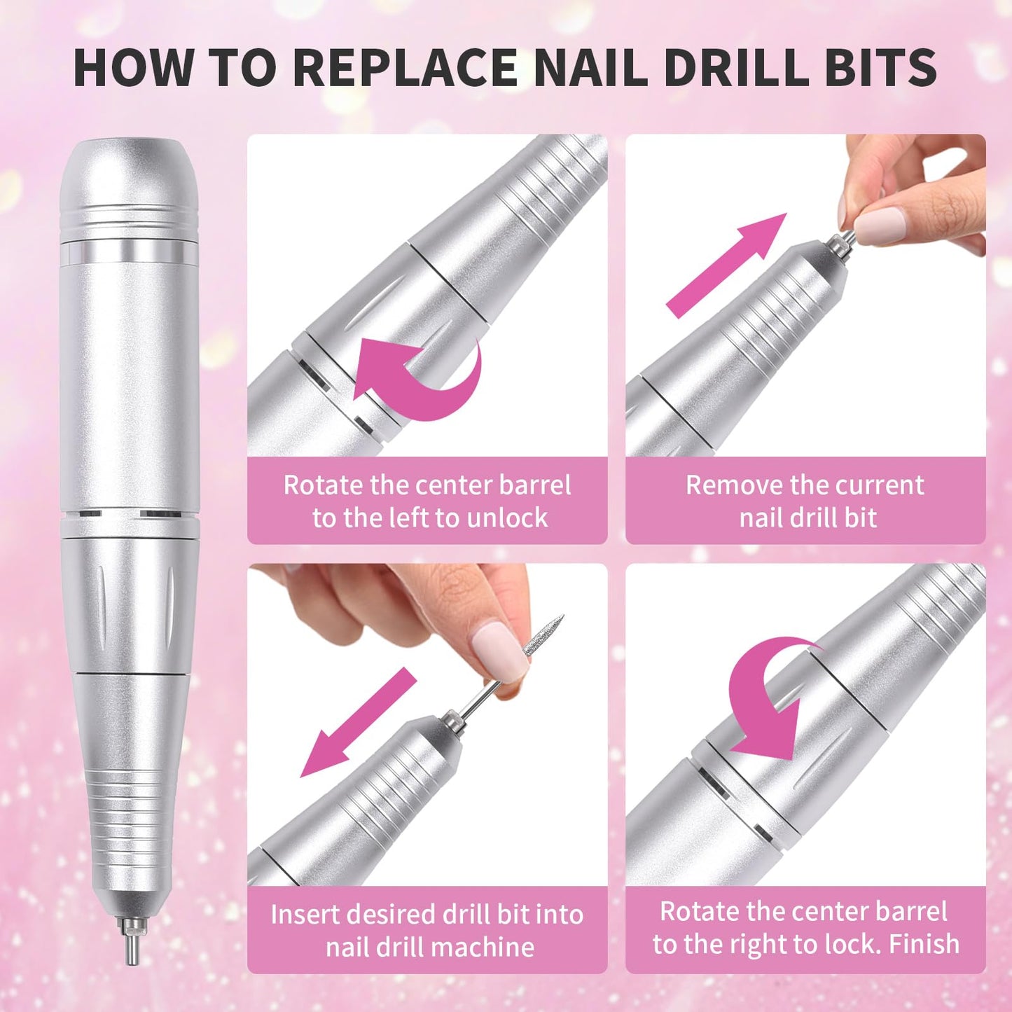 siyuwuro Portable Nail Drill 45000 RPM Professional Cordless Rechargeable Electric Nail File for Removing Polishing Acrylic Gel Nails with 6 Drill Bits & Sanding Bands, Nail Salon Home Use, Purple