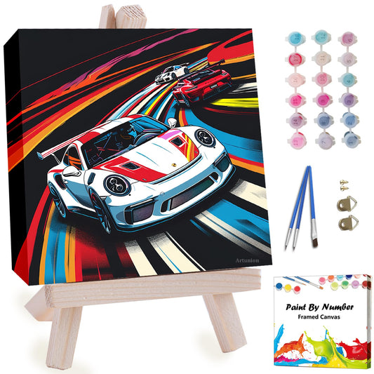 Artunion Framed Paint by Numbers Kit for Adults Beginners & Kids Ages 8-12,Racing Car Paint by Number with Frame,Car Lovers Paint by Numbers Kit on Canvas 10 * 10 Inch Without Easel
