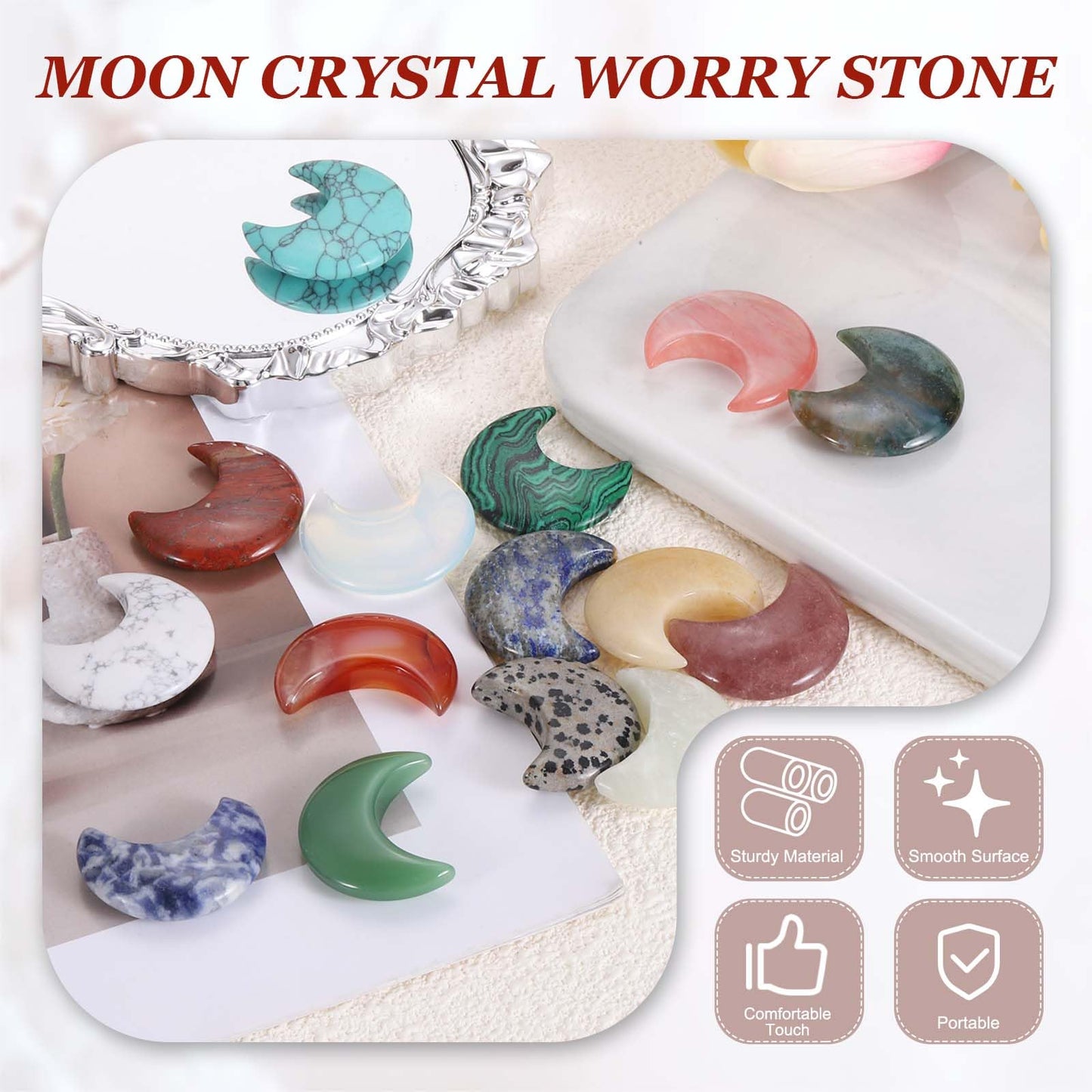 MECCANIXITY 5 Pcs Moon Crystal Worry Stone, 1.2 Inch Length Natural Bloodstone Moon Gemstone Bulk, Carved Pocket Stones for Meditation Balancing Pendant Decor
