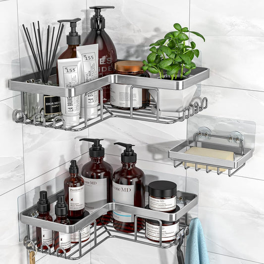 YASONIC Shower Caddy - Rustproof Stainless Steel Bathroom Organizer with Soap Holder & 12 Hooks | Brushed Silver, 3-Pack