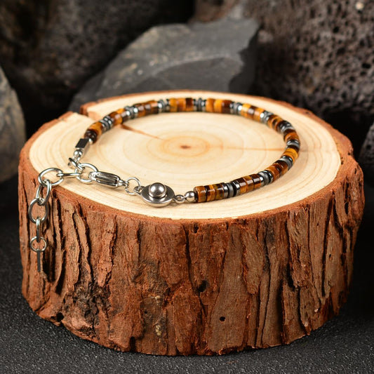 Casvia Tiger's Glow Men's Tiger Eye Chakra Bracelet, Handcrafted Hematite, Thickened Steel Wire, Adjustable Dual Clasp 6.9-8.8 Inch Gift for Men Dad Boyfriend