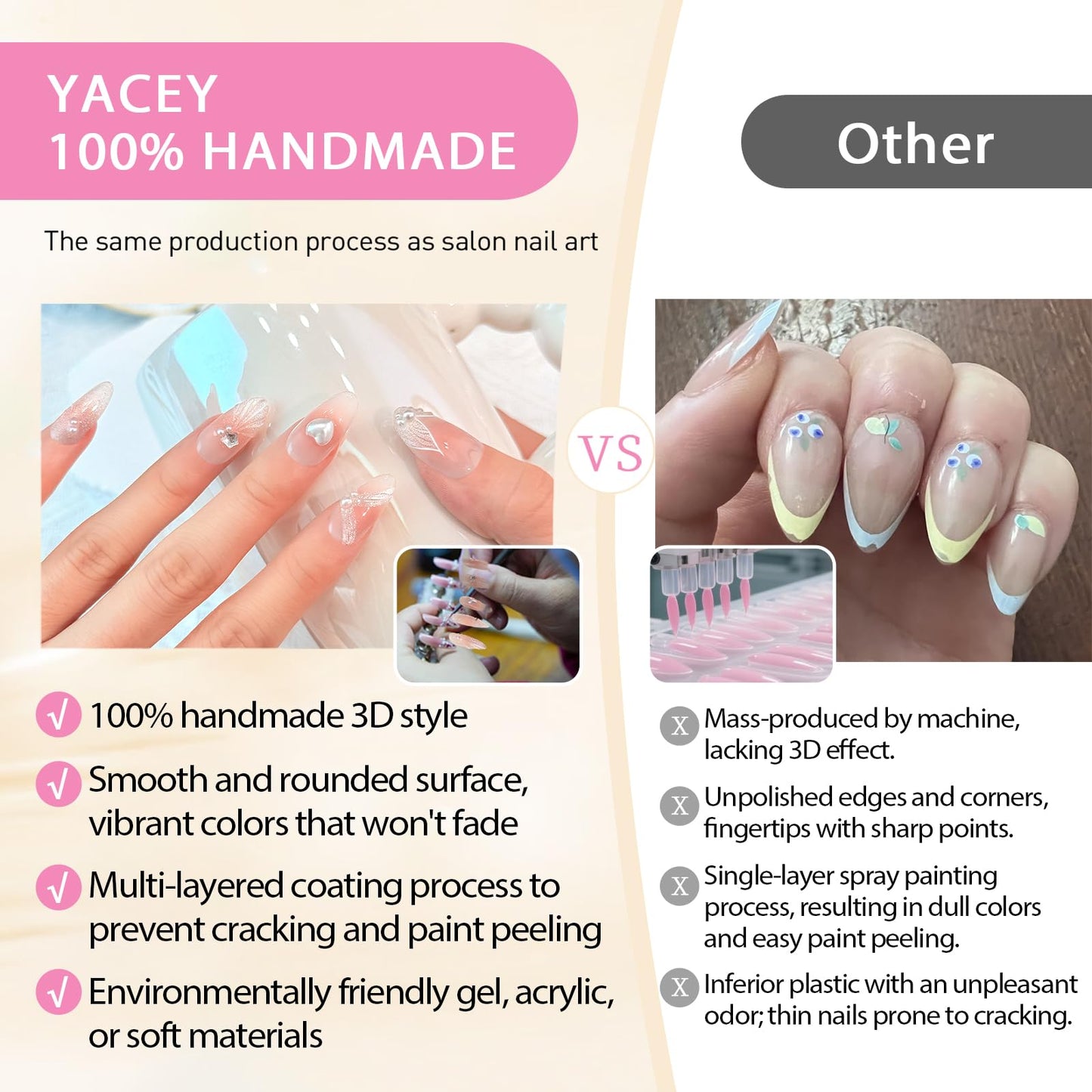 Yacey Handmade Press on Nails Short Square, Reusable False Nails Press Ons, Pink Blush French Tip Thick Acrylic Fake Nails, 3D Artificial Bling Glossy Glue on Nails for Women Girls (10 Pcs, M)