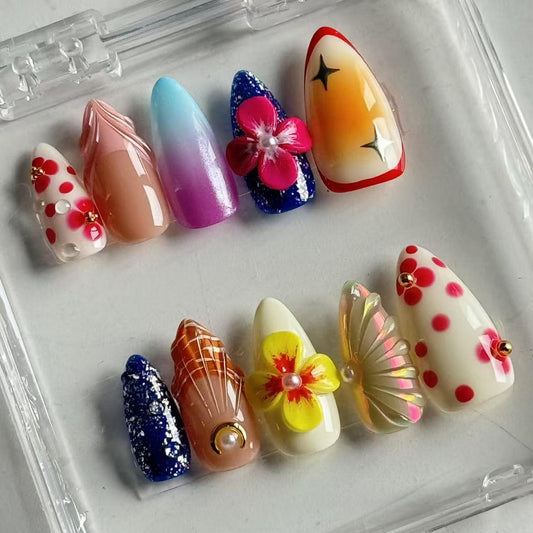 10pcs Handmade Press on Nail Almond Shape Fake Nails with Colorful designs Stick on Nail Summer False Nails 3D Flower Press ones Full Cover Acrylic Glue on Nails for Women Beach Decor（s Size）
