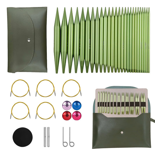 4-inch Knitting Needles Set, 13 Pairs Interchangeable Circular Knitting Needles Set Aluminum 3-10mm with 5 Cables, Knitting Accessories and Case, Green