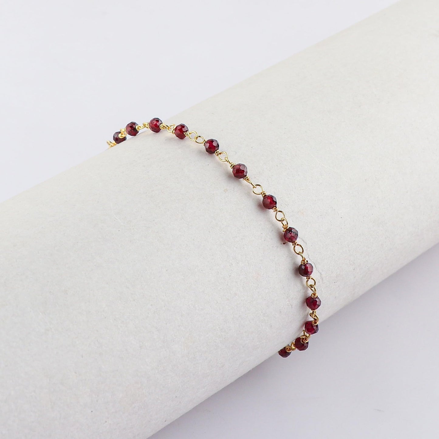 CRYSTALINES Natural Garnet Gemstones Bracelet Handmade Hypoallergenic Gold Plated Jewelry for Women Healing Crystals Microfaceted Beads Rosary Chain Boho January Birthstone Bracelet, 7+1inch