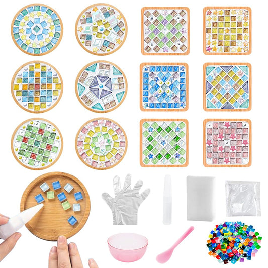 Adboros 12 Sets DIY Glass Mosaic Tiles for Crafts Mixed Color Mosaic Kits with Wooden Coaster for Adults Bamboo Coaster for Drinks Tray Handmade Home Decoration