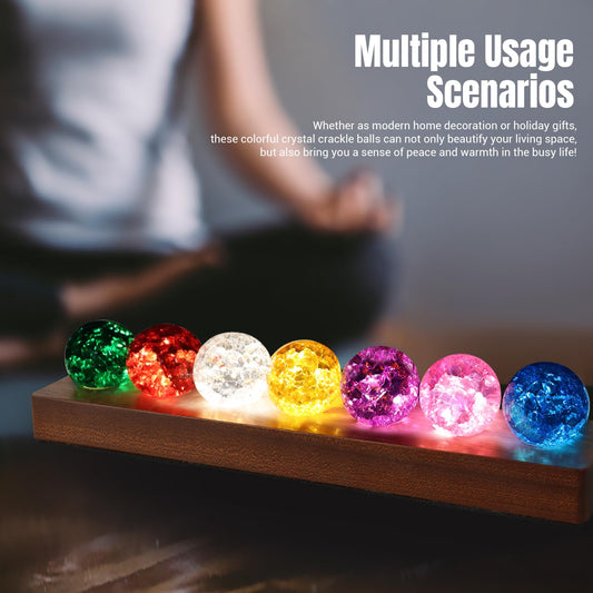 LOSCHEN 7 Colors Ice Cracked Balls, Core Memories Crystal Balls with LED Sapele Wood Base, Natural Healing Spheres Set for Home Living Room Meditation Positive Energy Decoration Balls
