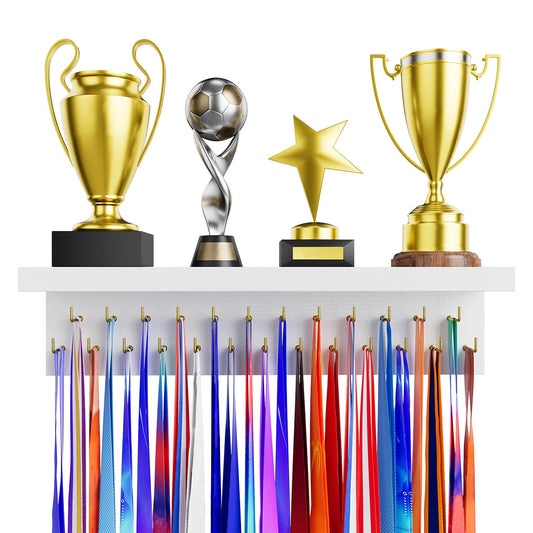 DSVENROLY Medal Holder Display Trophy Shelf Organizer, Sturdy Wooden Race Award Hanger Rack with 25 Steel Hooks, Wall Mount Storage Stand for Sports Fans, Cheer Success, White with Golden Pegs