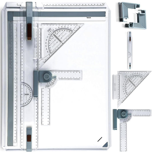 A3 Portable Drawing Table Board with Clear Rule Parallel Motion and Angle Adjustable Measuring System, Multi-Function Metric Drawing Board Drafting Table for Engineering Students