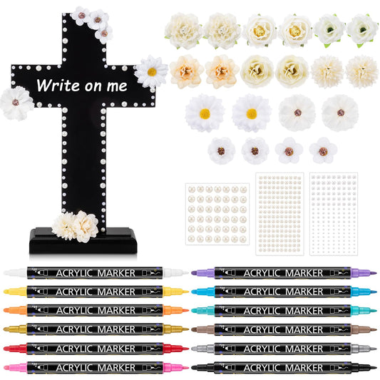 Yousoontic 12 x 8 Inch DIY Wooden Cross Craft with Stand, First Communion Cross Table Centerpieces Decor with Fake Flowers Stickers Watercolor Pens for Baptism Confirmation Church Home Decor(Black)