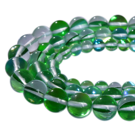 Asingeloo 48PCS 8mm Green Angel Aura Round Gemstones Polished Mermaid Aura Moonstone Bead Smooth Stone Loose Beads Crystal Quartz for DIY Jewelry Making 1 Strand 15”